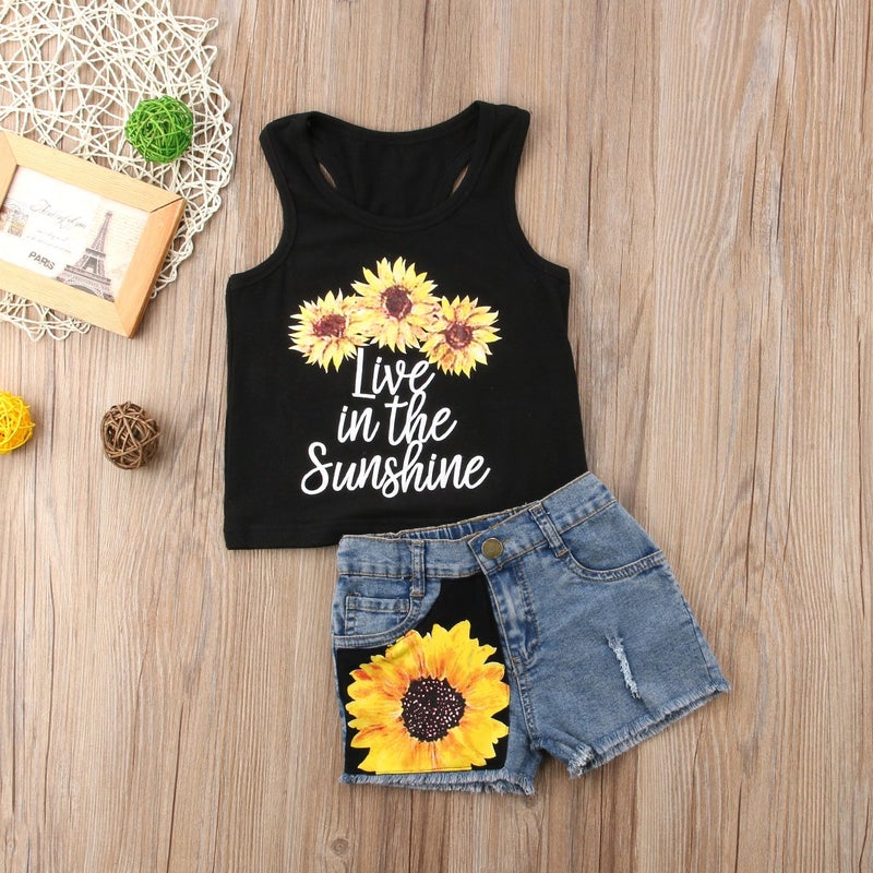 Honganda Fashion 2Pcs Toddler Kids Baby Girl Sunflower Outfits Sleeveless Tank Top+Denim Shorts Summer Clothes (3 Flowers Black, 4T / 5T) - Image 2